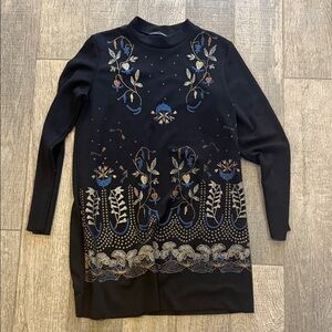 Zara Embroidered Black Floral Long-Sleeve Dress